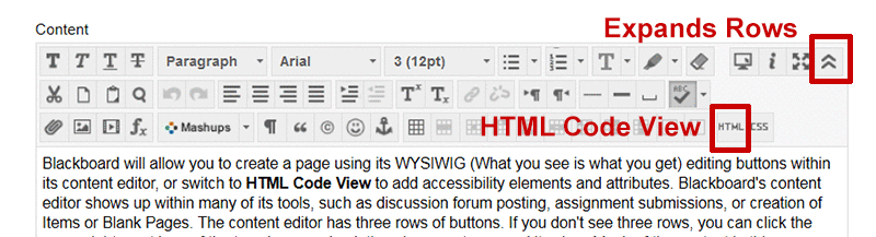 Blackboard's Content Editor. The last button in the top row expands the bottom two rows. In the third row is the HTML editor button, second from the last button.