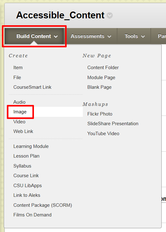 Blackboard's Build Content menu expanded with Image and Build Content highlighted.