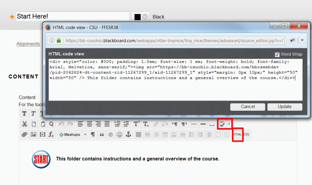 Blackboard's HTML Code Editor window showing code for the inserted image.