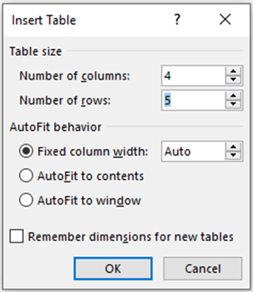 Word's window for adding the number of columns and rows when inserting a table