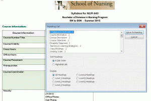 JAWS pop-up window showing a list of headings in a Word syllabus