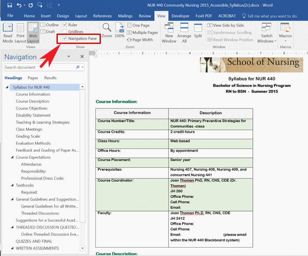 Word's Navigation pane showing headings within the document.