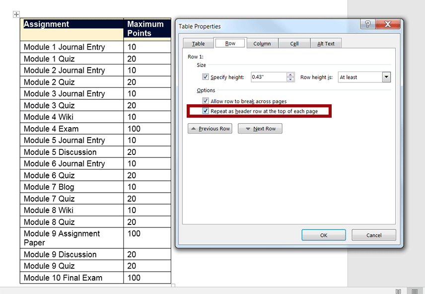 Select Row tab in the Table Properties menu, check off the box next to Repeat as header row at the top of each page, in Word.