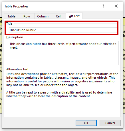 The alt text tab of Table Properties in Word, showing a Title "Discussion Rubric"