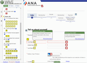 WAVE showing warnings for a missing form label and an orphaned form label on the American Nursing Association's site.