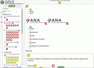 The display of a web page with WAVE's "No Styles" tool activated. This shows the simple structure of the page that the screen reader will read off.