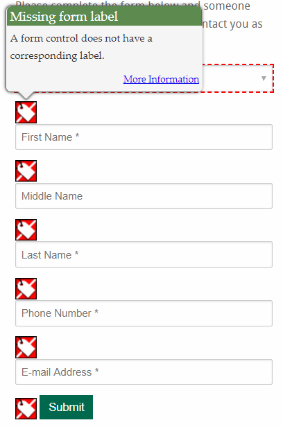 WAVE showing Missing Form Label icons for text entry boxes with internally written labels that disappear when you start typing in them.