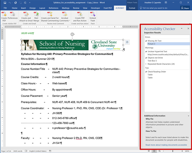 Word's Accessibility Checker pane showing errors that need corrected, such as missing alt text, unclear hyperlink text, and objects that aren't inline with text.