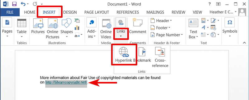 Screen capture of inserting a hyperlink in Word, under the Insert menu, with the link text highlighted.