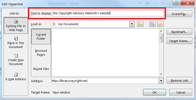 Screen capture of Word's Edit Hyperlink menu, showing the Text to Display field where you can write a descriptive link.