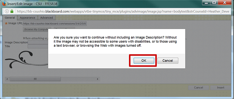 Blackboard's Insert/Edit Image window with the OK button highlighted, when it asks if you are sure you want to leave the Description field empty. Click OK.