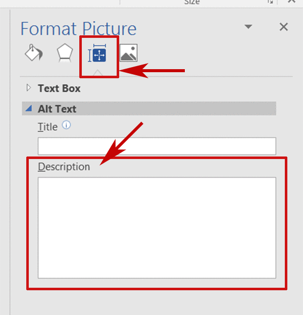 Word's Format Picture Layout and Properties Icon selected. Arrow pointing to Description field to write alternative text.