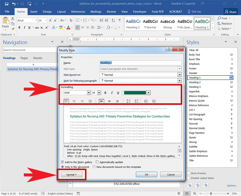 Screen capture of Word's Modify Style pop-up window with the Formatting fields outlined in red.