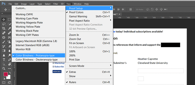 Screen capture of Photoshop's Proof Setup color blindness simulator menu structure, as explained in the text.