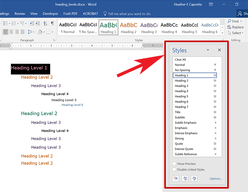 Screen shot of Word's Styles pane open on right side of Word window.