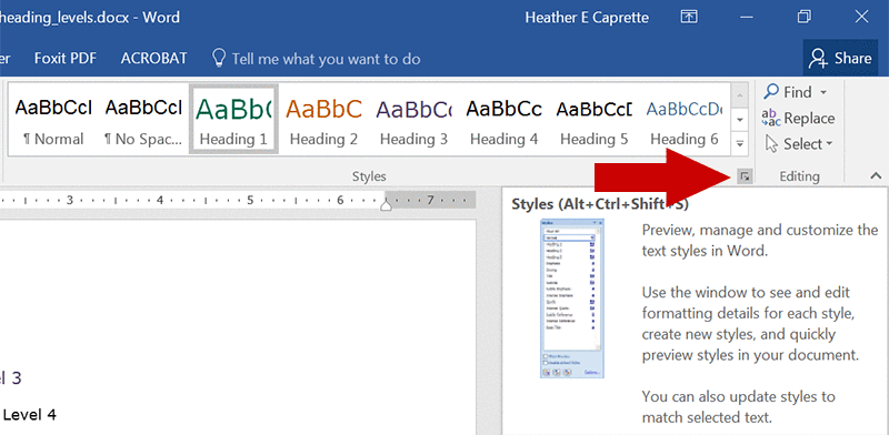 screen capture of Word's button to open the Styles pane. It's located at the lower right side of the Styles area of the Home tab.