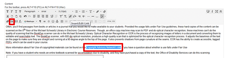 Blackboard Learn's content editor with the Insert/edit link button outlined, and the descriptive text highlighted in the text entry box.