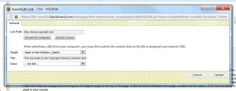 Blackboard's Insert/edit link dialogue box, giving the option to enter the URL path, a Target window, and an advisory Title.
