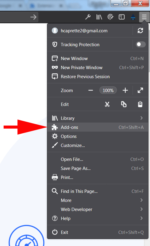 The Add Ons menu option in Firefox