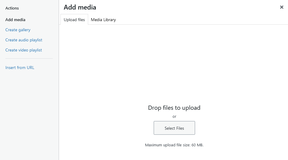 Add media screen with Select Files button