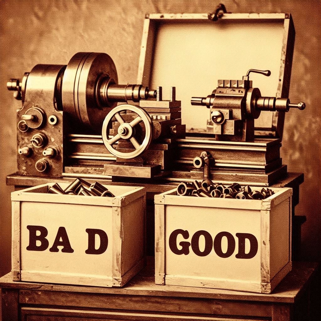 Two wooden boxes filled with tools. One box is labeled "bad" and the other "good"