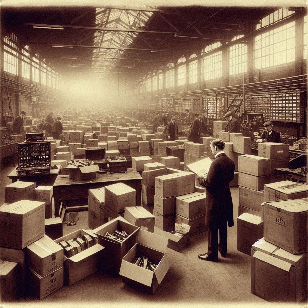 Warehouse filled with boxes. Man in forefront standing amid the boxes and reading.