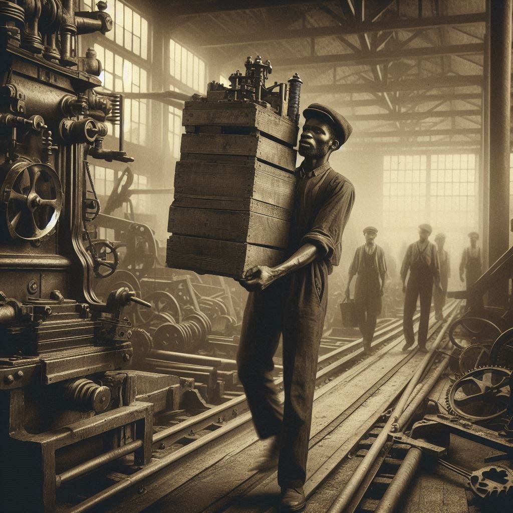 Man carrying boxes in a dimly lit warehouse