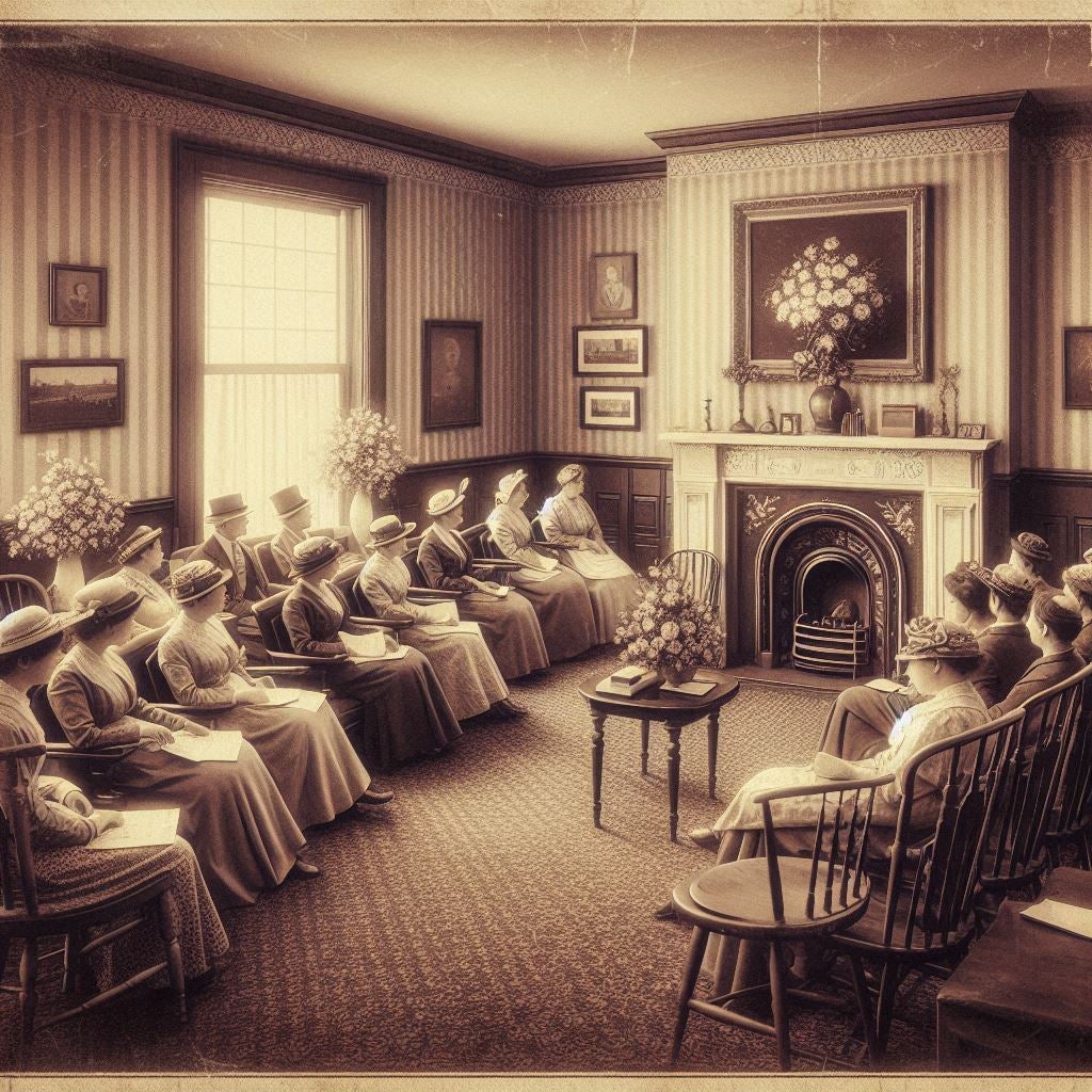 Vintage photo of women seated in a parlor in front of a fireplace.
