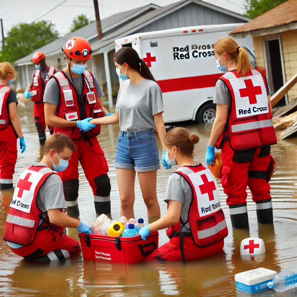 Red Cross volunteers standing in flood waters near a Red Cross truck, are aiding a community during a disaster