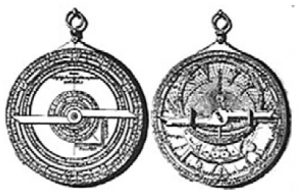 Right: Front and back views of an ancient Arab astrolabe.