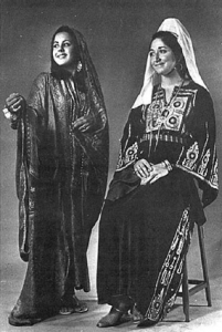 Miss Tami Anter in Saudi Arab dress of Royal Family and Miss Lorraine George in Palestine dress from Bethlehem for Heritage Pageant -- Midwest Federation Convention -- Cleveland, 1973.