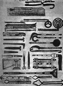 Surgical instruments, as illustrated in al-Zahrawi's (d. 1036 A.D.) Surgical Treatise.