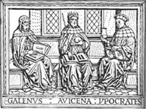 Galenus, Avicenna and Hippocrates, the great physicians of antiquity, as they appeared in a 16th-Century medical book.