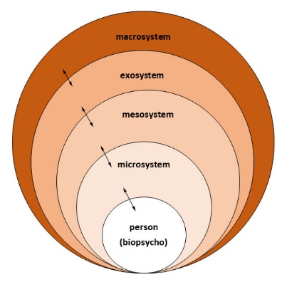 Diagram representing social ecological model’s multiple system levels: Comprised of a series of circles, with the largest being Macrosystem, and progressively smaller circles inside. In order: Macrosystem, ecosystem, mesosystem, microsystem, person (biopsycho)