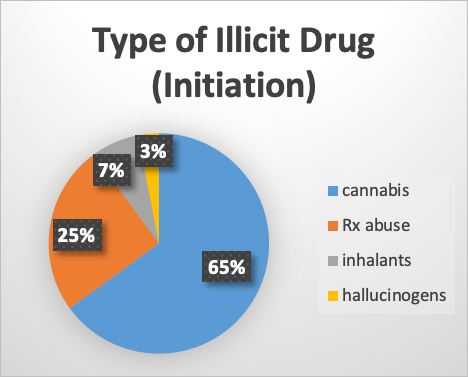 Type of illicit drug pie chart: 65% cannabis; 25% Rx abuse; 7% inhalants; 3% hallucinogens