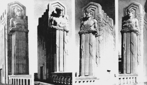 Four decorative pylons of the Lorain-Carnegie Bridge, designed by Henry Hering in 1932.