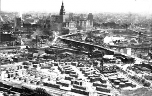 Panorama of Cleveland bridges, looking out over the Flats ca. 1930.