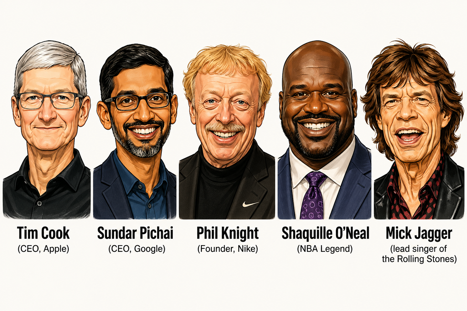 Tim Cook (CEO, Apple), Sundar Pichai (CEO, Google), Phil Knight (Founder, Nike), Shaquille O'Neal (NBA Legend), Mick Jagger (lead singer of the Rolling Stones)