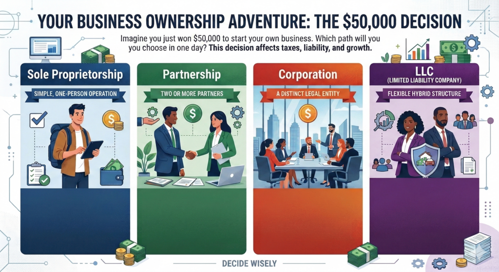 Imagine you just won $50,000 to start your own business – and you have one day to decide how to structure it. Which business ownership option do you choose?