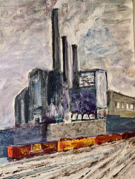 Drawing of the Flats in Cleveland. Steel mill and trains