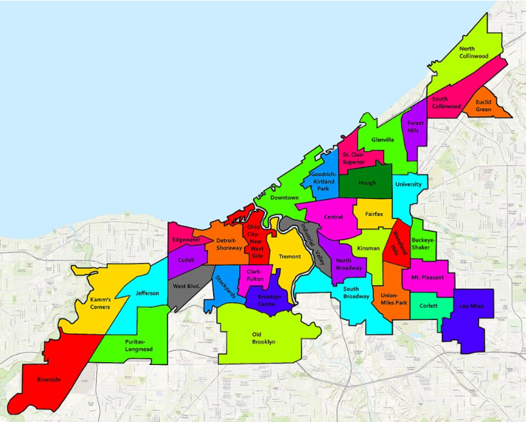 Map of the approximate boundaries of the neighborhoods of Cleveland, Ohio, with each neighborhood labeled.