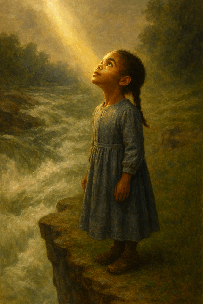 Young Jarena Lee standing on the precipice of a river bank, swirling water below, looking up into light.