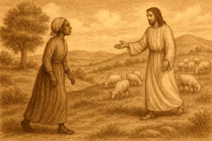 Illustration of a dream that Mrs. Jarena Lee had in 1811. A man in a long white robe explains that her husband must remain in Snow Hill to care for the flock of sheep or a wolf will come and devour them.