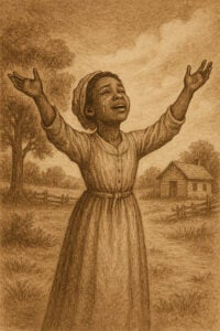 Illustration of young Jarena Lee standing in a yard, after asking for sanctification. Her face turned upward towards the sky, arms reaching out, tears streaming down her cheek in joy.