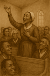 Jarena Lee standing in church and extorting her call to preach, smiling and raising her right arm upward.