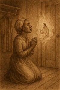 Illustration of Jarena Lee in 1807 when she had her first call to preach the gospel. She had a vision of a man in a long white robe, appearing in a ball of fire, speaking to her.