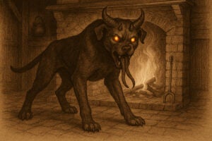Illustration of a vision of the young Jarena Lee. Satan appears as a monstrous dog with a long forked tongue and eyes of fire, standing as if ready to pounce.