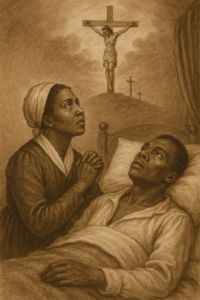 Mrs. Jarena Lee praying at the bedside of a dying man. Image of Jesus nailed to cross appears in ceiling above them.