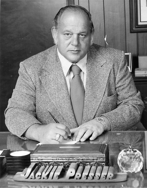 TEAMSTERS LEADER. Jackie Presser Teamsters Union boss in Cleveland who became President of the International Brotherhood of Teamsters, and an adviser to President Reagan, while still with connections to organized crime.