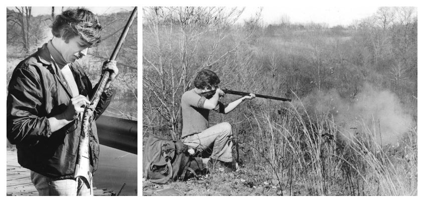 ALMOST AMERICAN. The author sets a percussion cap onto the firing pin of his Bedford County muzzle-loading musket (left) before preparing to fire at a … um…. clump of trees that clearly do not contain any wildlife.(right). In a nation with more guns than people, getting to know guns – even if only muzzle-loaders – seemed good preparation to become an American citizen the following year.